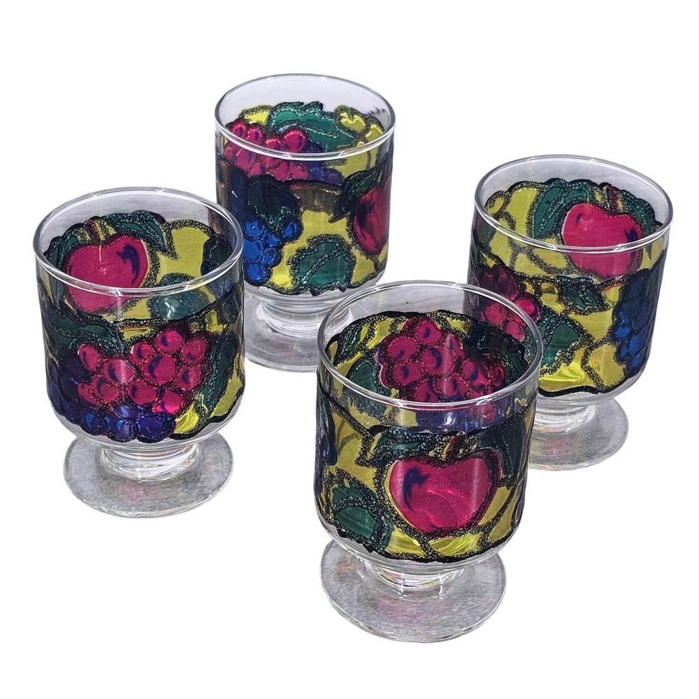 Vintage Stained Glass Style Fruit Footed Juice Glasses Set of 4 Grapes Apples